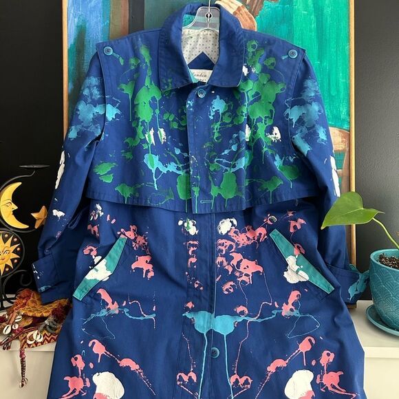 Vintage London Towne Navy Painted Trench with Pink and Green Accents 10M - Picture 5 of 15